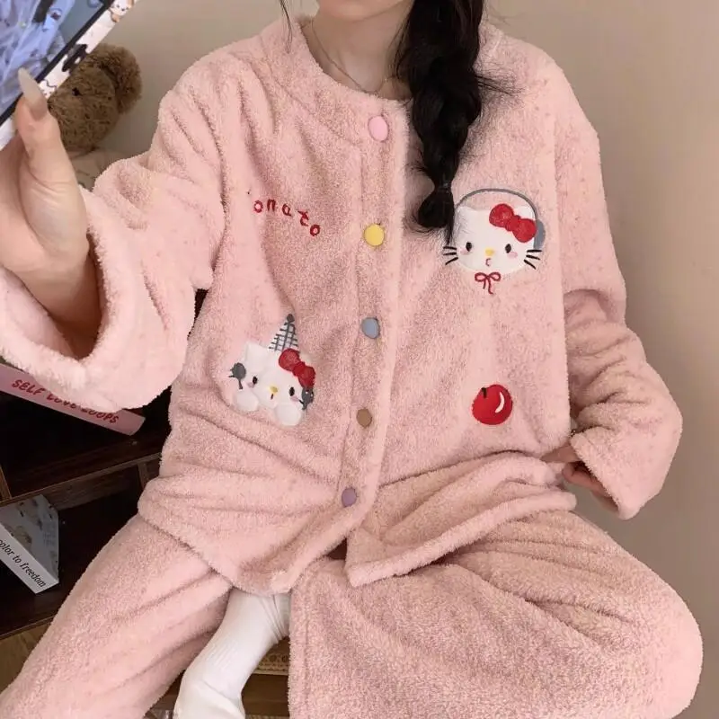 

Sanrio Sweet Hello Kitty Open Front Cardigan Pajamas Plush Fleece Thick Warm Winter Homewear Princess Style Sweet Cute Lace New
