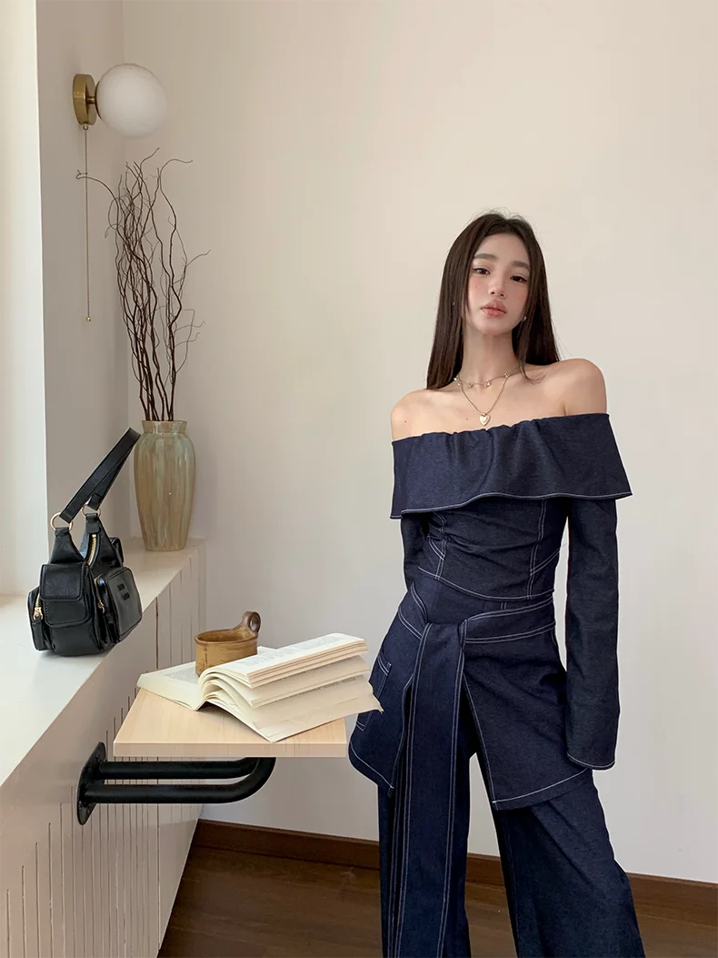 CHEERART 2 Piece Sets Women Outfit Denim Off The Shoulder Long Sleeve Top And Wide Leg Long Pants Fall Clothes 2024 Women