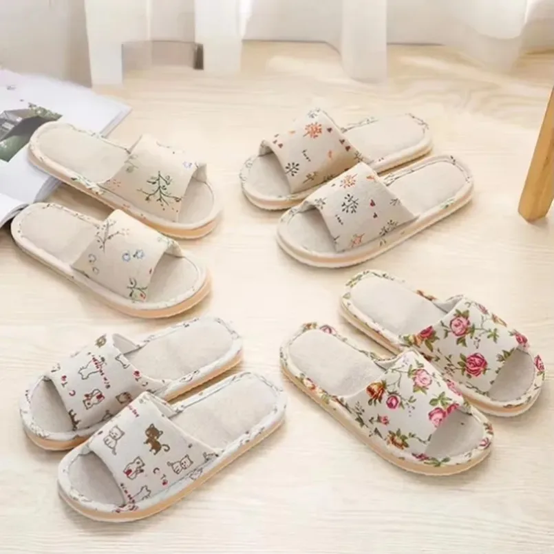 Bild 4: Streifen Haus Leinen Hausschuhe Herren Flache Blumen Herbst Nette Indoor Lustige Sandalen Cartoon Kawaii Katze Hause Schuhe Frauen Flachs Flip Flop