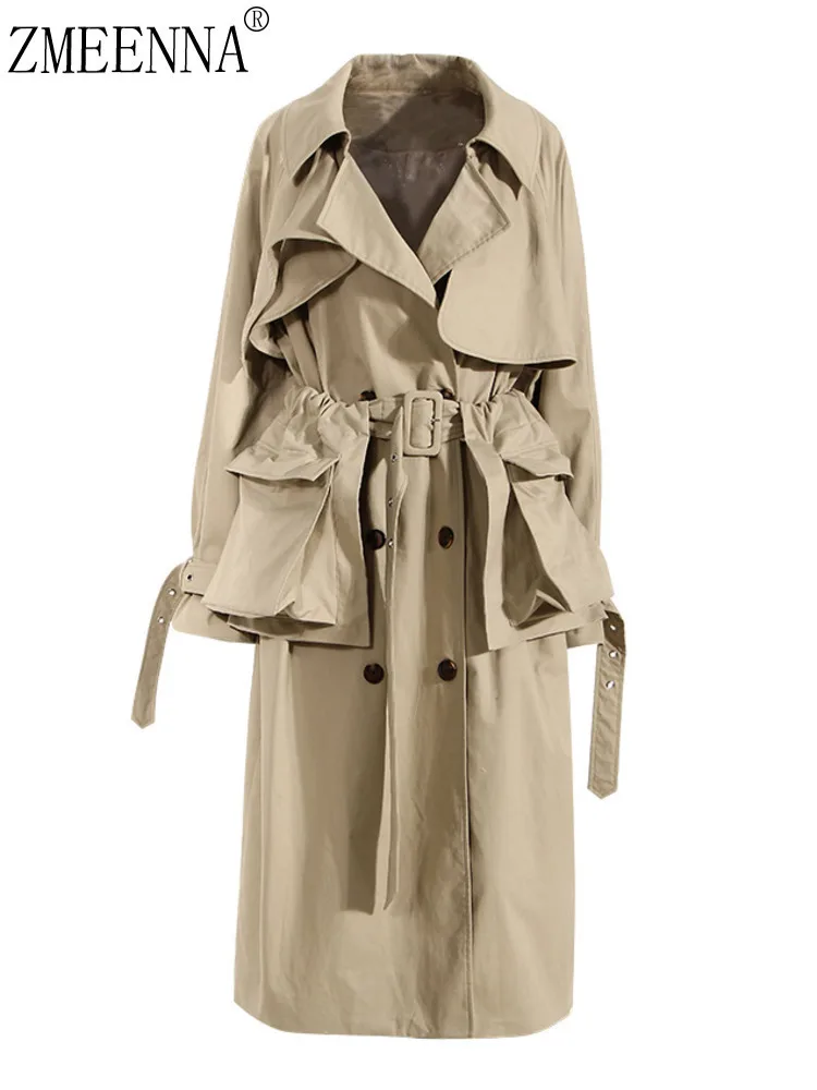 

ZMEENNA 2025 Classic Khaki Trench Coat Belted Detail Long Jacket For Women Stylish Outerwear Fashionable Design ZM3473