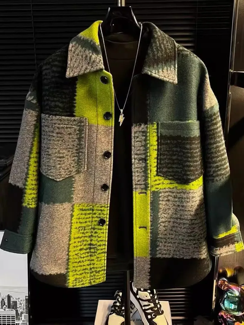 

Retro American Color Blo Collar Jaet Men's Loose Casual Trendy Outerwear Youth Long Sve Geometric Patterned Coat