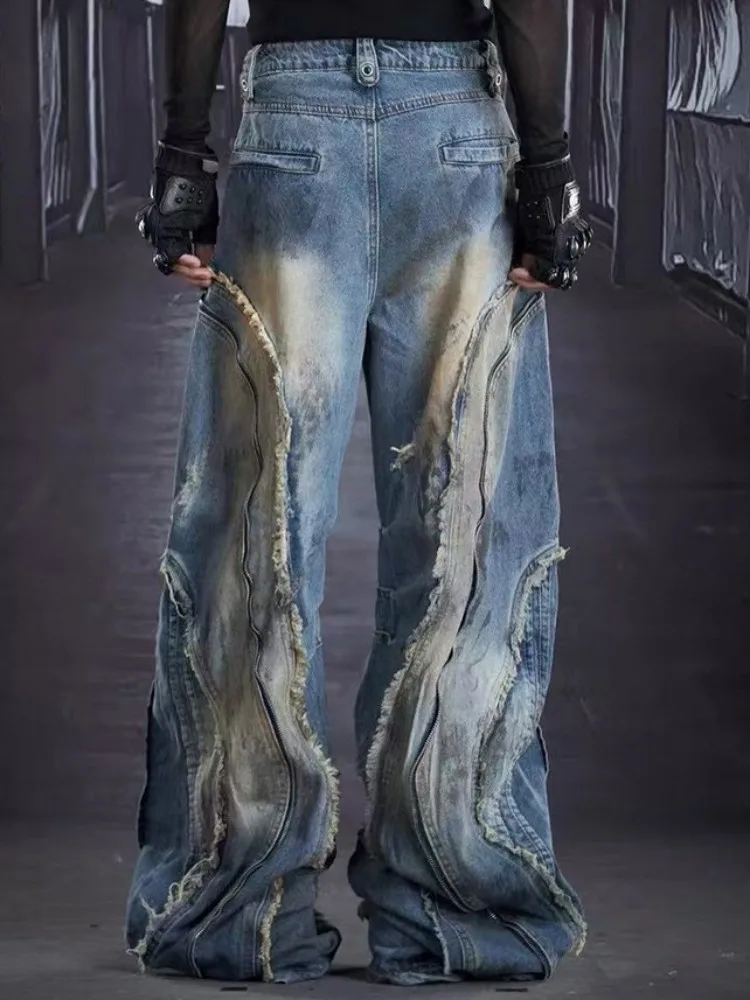 Streetwear Male Distressed Wide-Leg Pants Fashion Solid Color Mens Button Chain Trousers Versatile Loose Pockets Straight Jeans