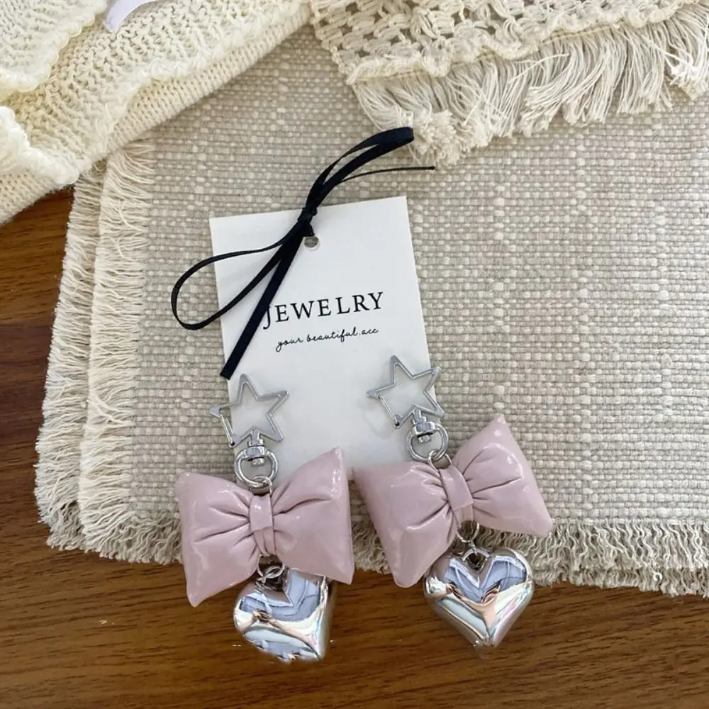 Phone Charms Pendant Pu Leathe Bow Keychain Silver Star Heart Phone Chains Elegant Jewelry Bowknot Bag Pendant Couple Kids