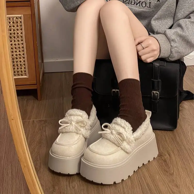 

Women Thick Sole Cotton Shoes 2025 Winter Retro White Fleece Lined Ankle Boots Women's Warm Platform Slip On Cotton Shoes