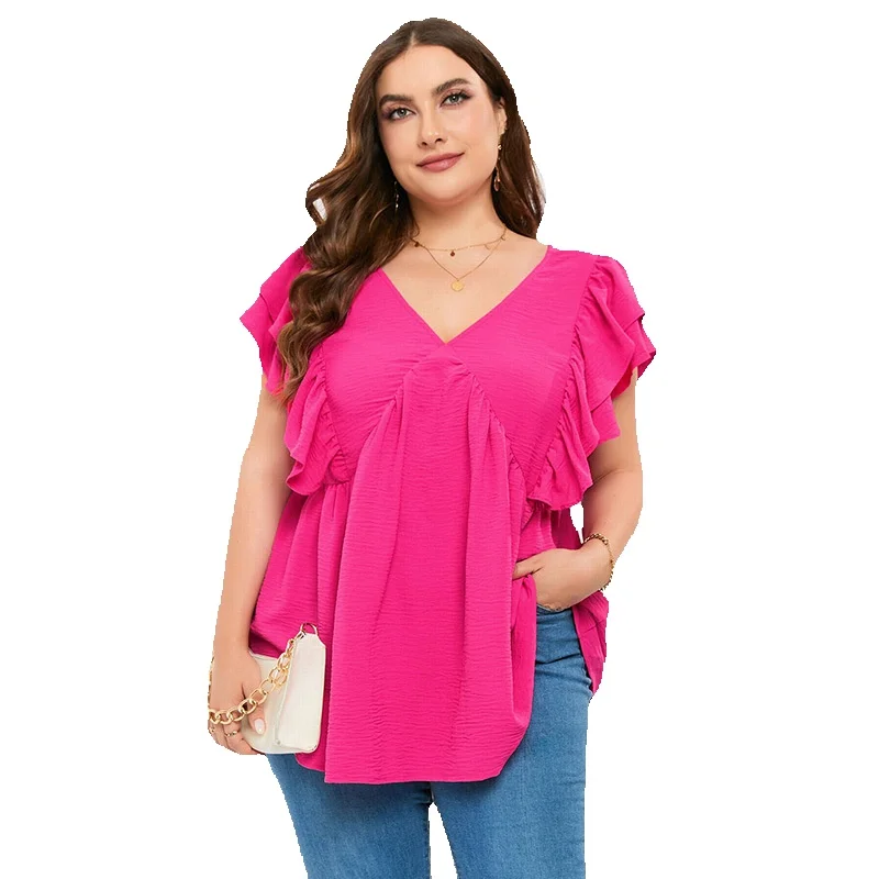 

Commuter Versatile Large Solid T-Shirt Women's Summer New Deep V-Neck Waffle Ruffle Short Sleeve Top