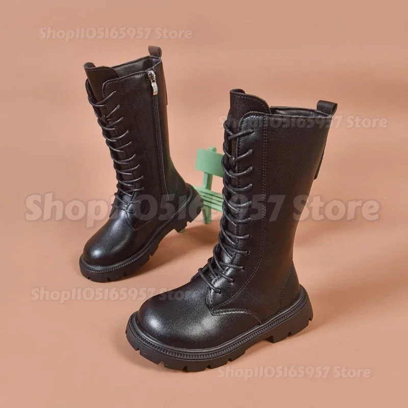 Nouvelles bottes d'hiver pour filles, hauteur genou, style punk, à lacets, avec fermeture éclair, en cuir PU noir et blanc, élégantes et polyvalentes pour enfants