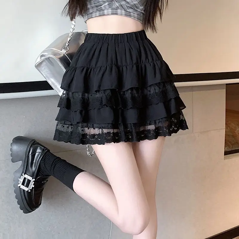 Summer Lady New White Lace Cake Elastic Waist High Waisted Appear Thin Solid Color A-line Skirt All-match Fluffy Short Skirt