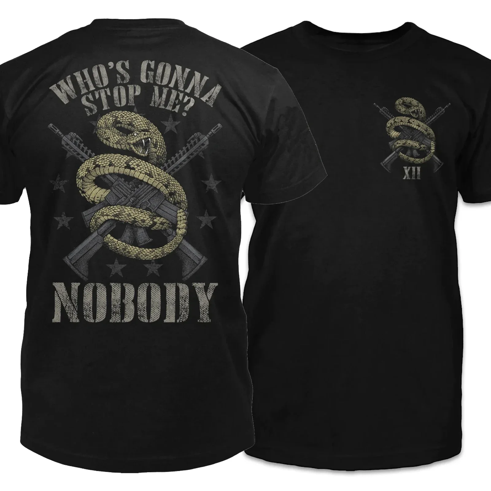 Who's Gonna Stop Me? Nobody! Rattlesnake Wrapped Around Criss Cross AR-15 Rifle Novel Printed T-Shirt. Premium Casual Cotton T