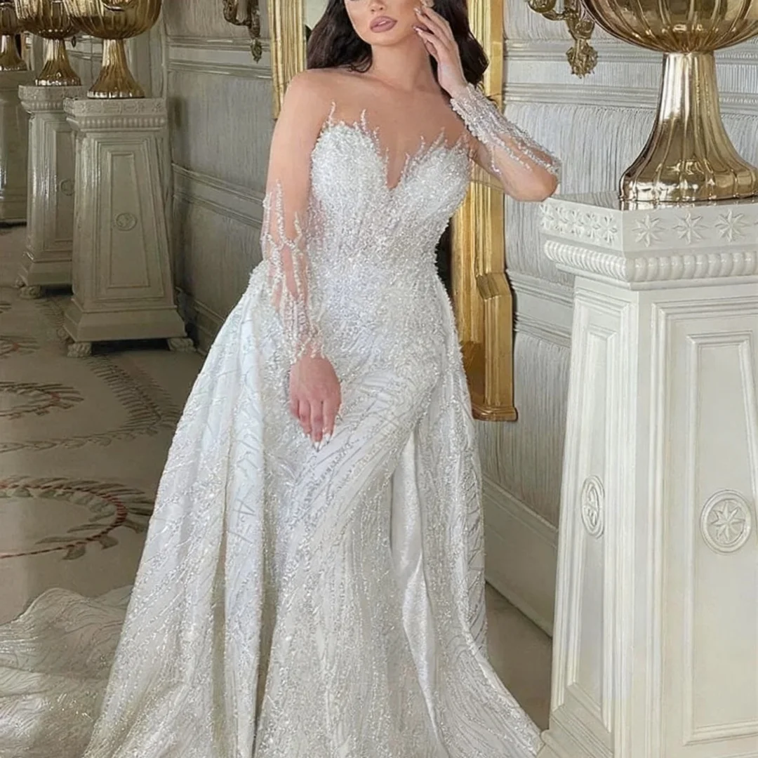 Vestidos de casamento personalizados sereia rendas vestidos de noiva sem alças com mangas até o chão vestido de noiva