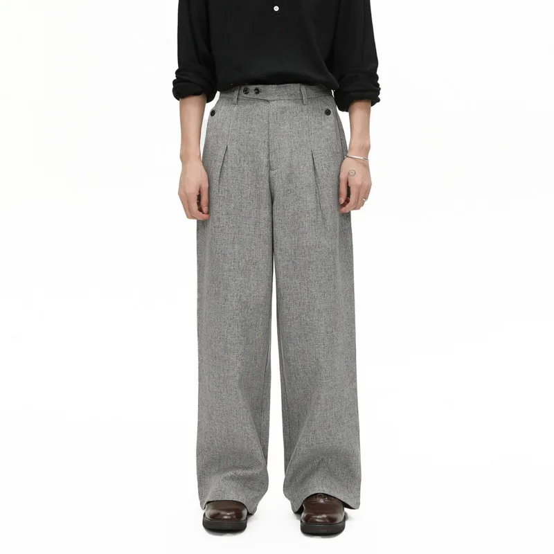 

SYUHGFA Korean Style Men Suit Pants Solid Color Pleated Design Casual Trousers Wide Leg Button Decoration Male Simple Bottom