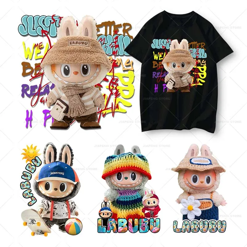 Labubu Patches for Clothing Fashion Cartoon T-shirt Stickers Iron on Heat Transfer Patch Clothes Custom Vinyl Sticker Gifts DIY