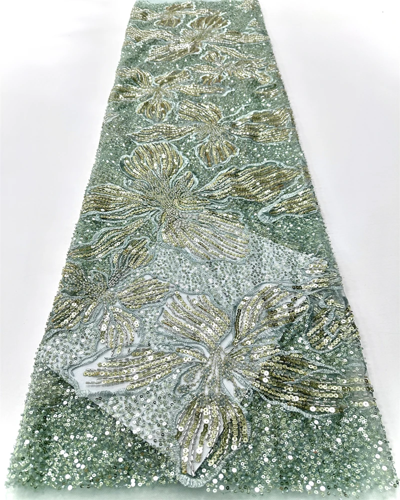 

Nigerian Sequins Party Lace Fabric High Quality African Beads 5Yards French Tulle Net Lace for Wedding Material