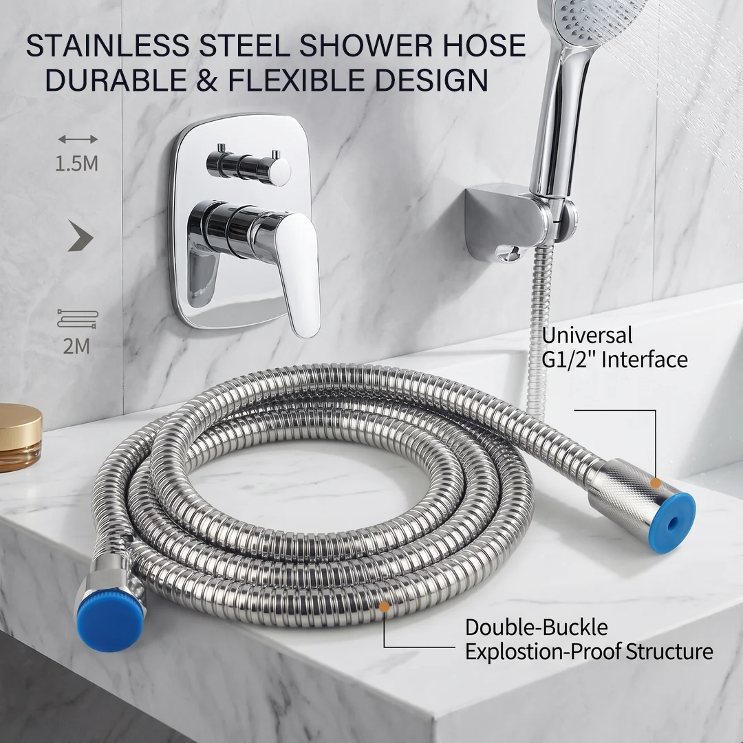

Stainless Steel Shower Hose Double-Buckle 1.5M/2M Explosion-Proof G1/2" Universal Bathroom Water Pipe