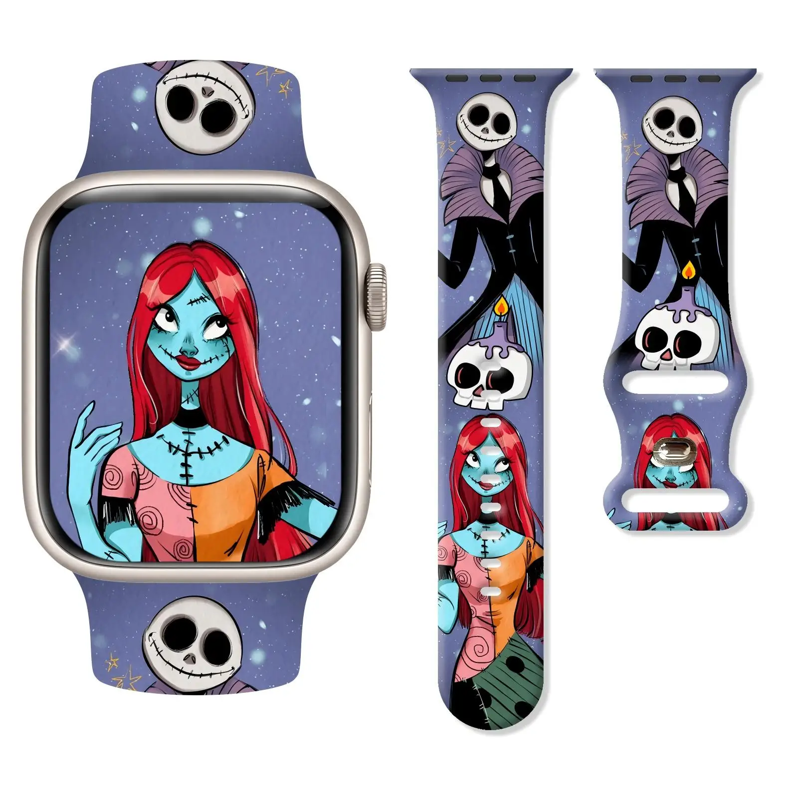 

Elegant Halloween Jack & Sally Print Band for Apple Watch Series 11/10/9/8/7/SE, Soft Waterproof Silicone 46mm 45mm 44mm 42mm