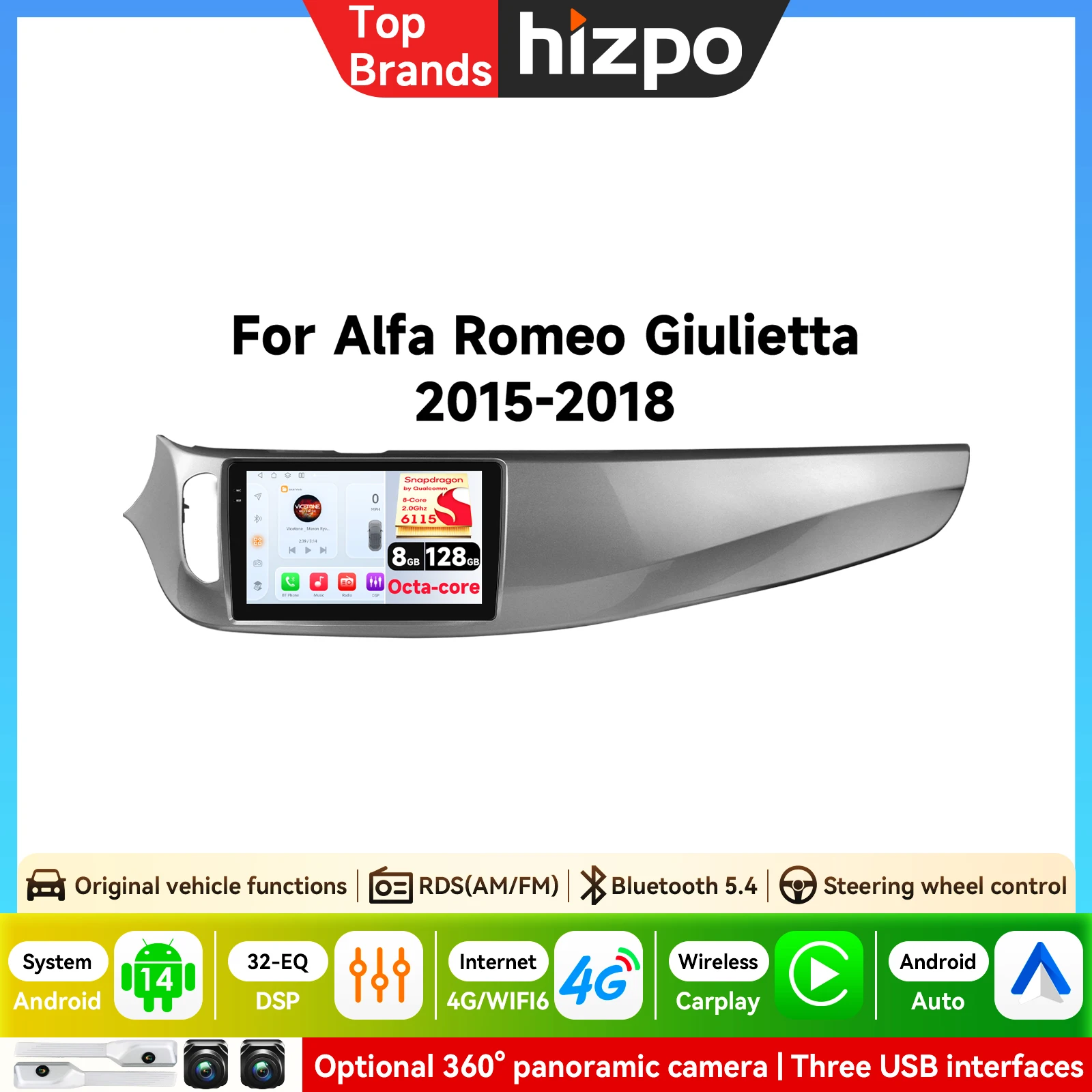 Hizpo Snapdragon Android Autoradio für Alfa Romeo Giulietta 2015-2018 Auto-Multimediaplayer Intelligenter Bildschirm Autoradio Carplay