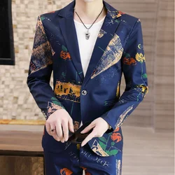 Men's Slim Fit Business Casual Two-Piece Set Autumn 2024 Korean Fashion Print Wedding Suit with Trousers Trendy