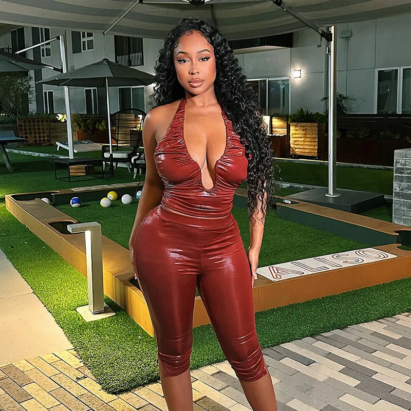 Ensemble haut métallique Sexy 2 pièces pantalon tenues Y2K Streetwear femmes créateur de mode élégant or estampage hauts deux pièces ensembles