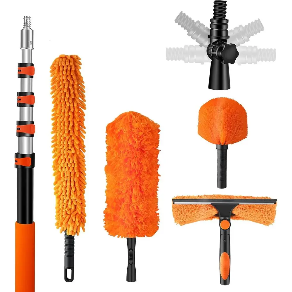 

Adjustable 5-12ft Pole Duster Kit for 20ft Reach - Includes Fan Cleaner, Cobweb Remover, Bendable Duster, Microfiber Scrubber, a