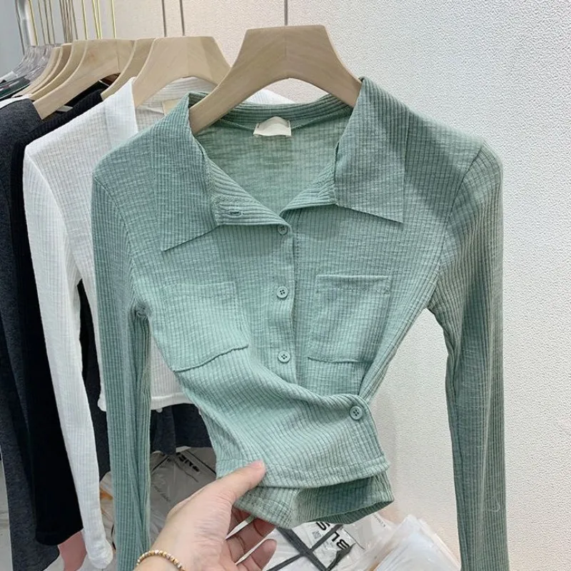 

European Threaded Polo Collar Long-sleeved T-shirt for Women Slim-fitting European Station Cardigan Bottoming Shirt Short Top