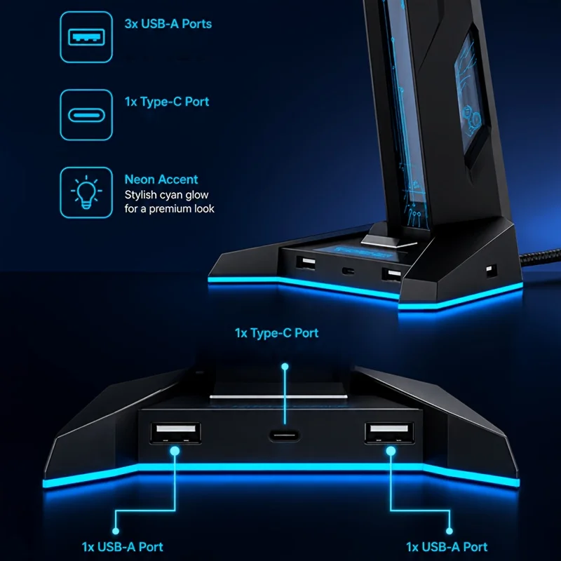2 IN 1 USB Hub RGB Gaming Headphone Stand,  3 USB-A and 1 Type-C Port, Multi-Color Light Anti-Slip Base for PC Gamer Desk Decor view 5