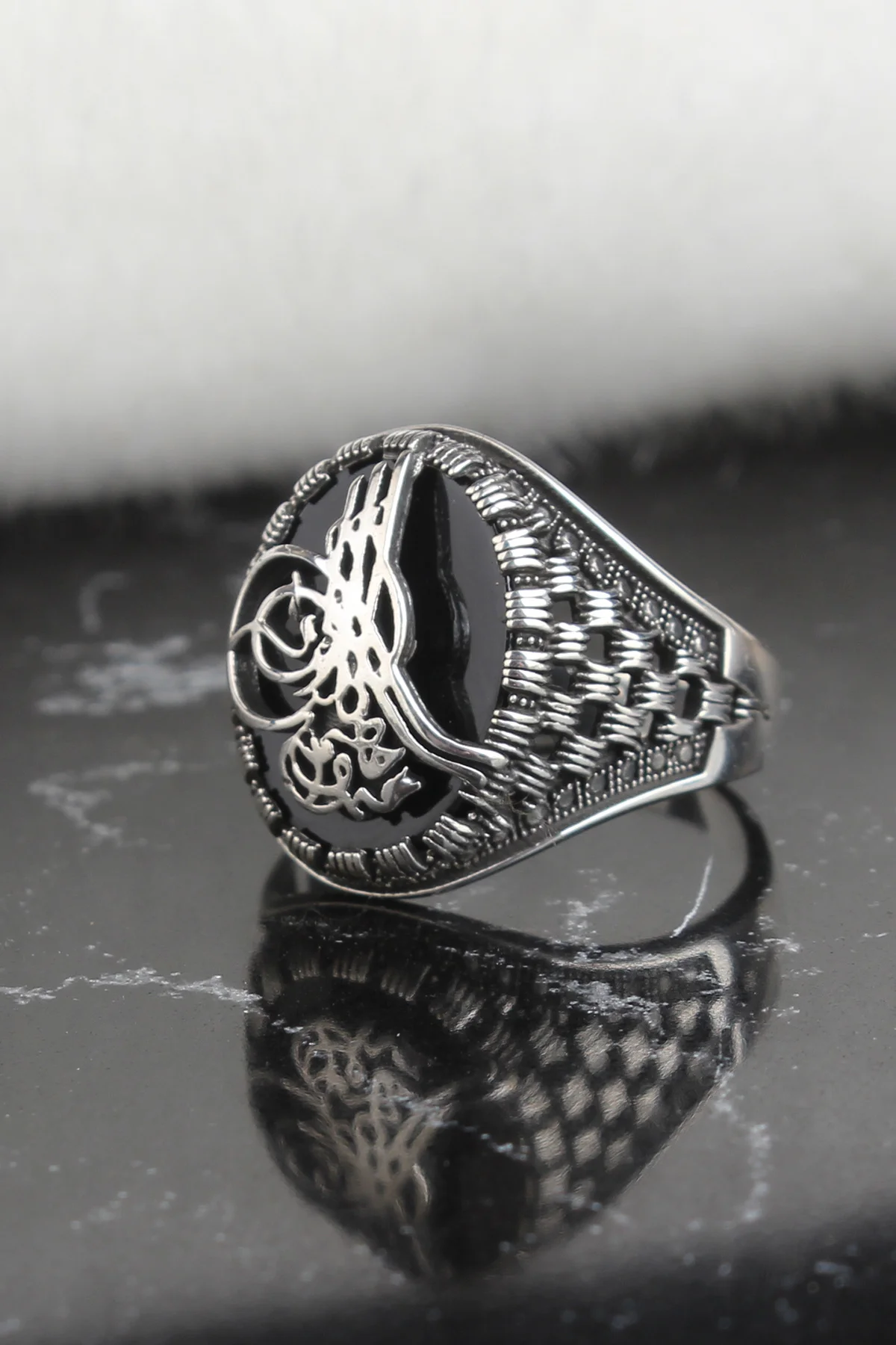 

Onyx Stone Ottoman Tuğralı 925 Sterling Mens Silver Ring