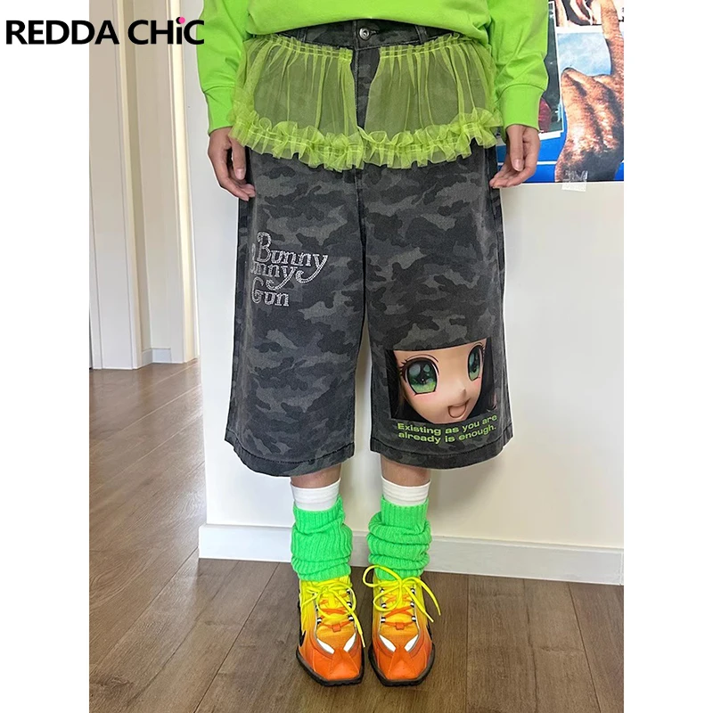 

REDDACHiC Camouflage Stitch Tulle Women Denim Shorts Cartoon Print Rhinestone Letters Pockets Bermuda Pants Retro Y2k Streetwear