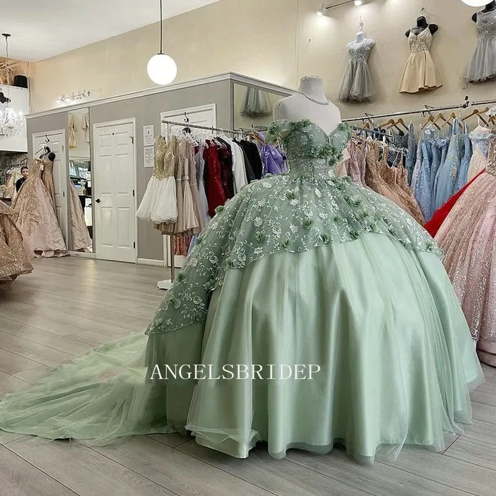 

ANGELSBRIDEP Mint Green 3D Floral Ball Gown Sweet 15 Year Old Quinceanera Dresses Girls Tiered Off Shoulder Party Dress