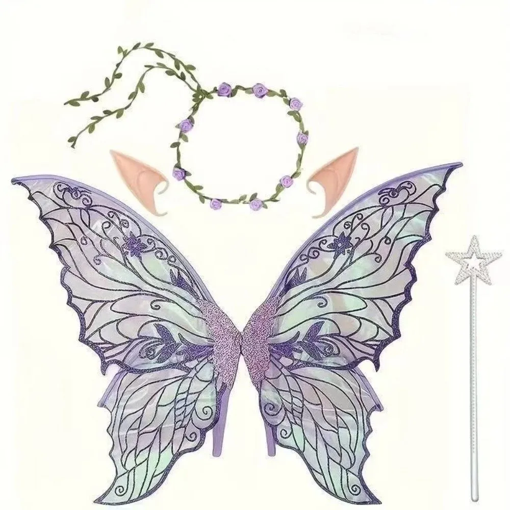 Foldable Wings Wreath Elf Ear Set Wand Flower Crown Butterfly Wings Set Sparkling Fairy Wings Fairy Cosplay Set Adults