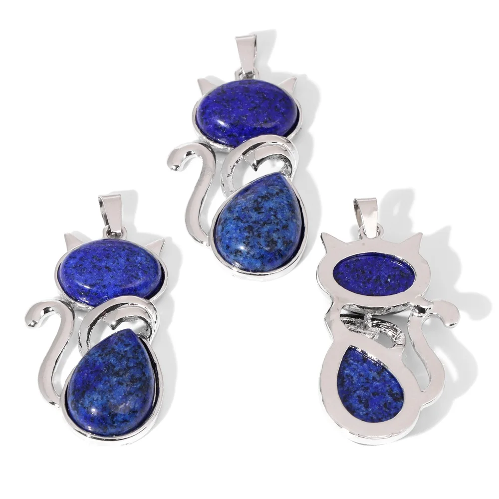 

25x45mm Fashion Cat Shape Pendant Natural Lapis Lazuli Gems Pendant Healing Reiki Yoga Charms for Jewelry Making Handmade 1PC