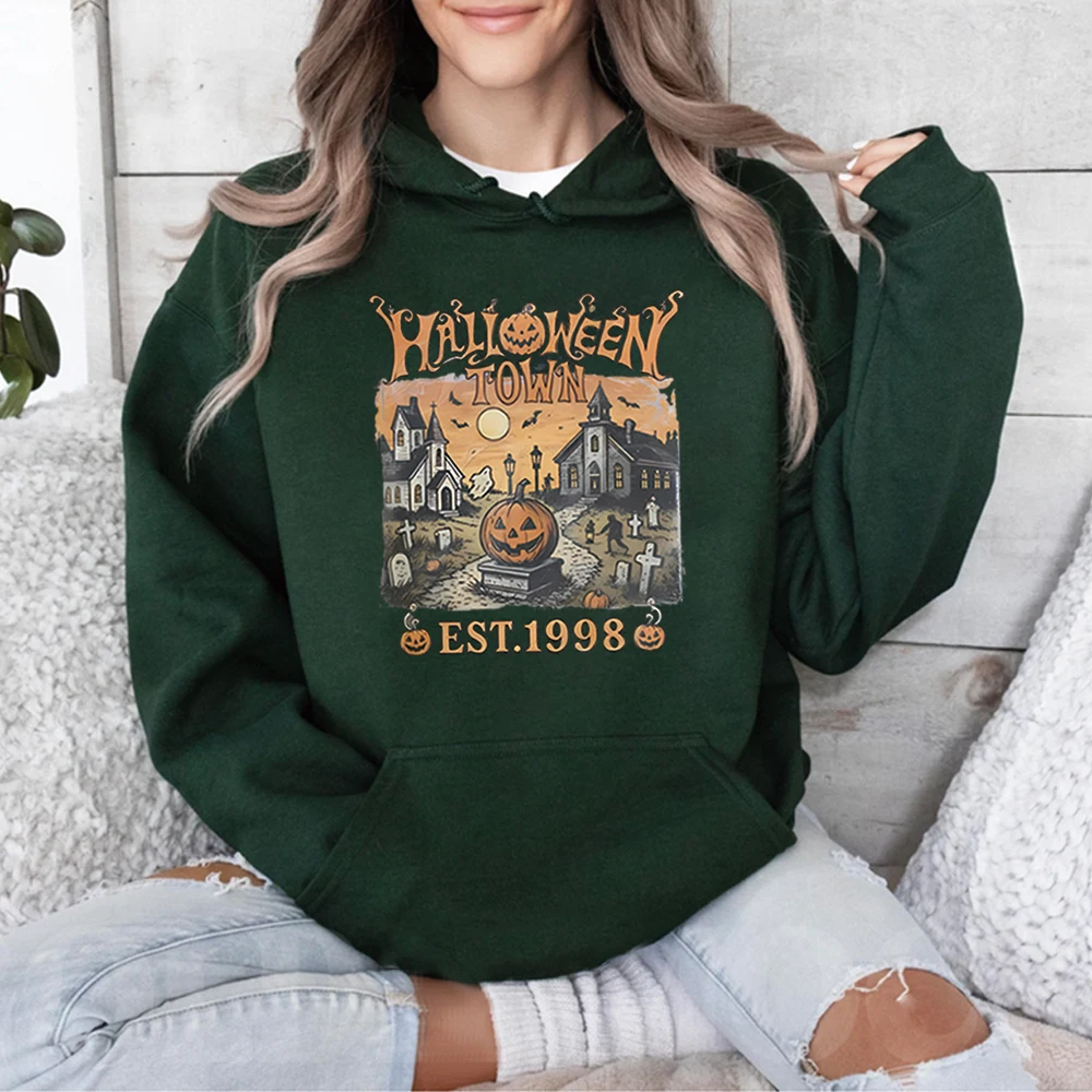 

Толстовка с капюшоном Halloweentown Est 1998, винтажная толстовка с рисунком в стиле 90-х, ретро, Хэллоуин, университетская толстовка с капюшоном, жуткая рубашка, осенние толстовки