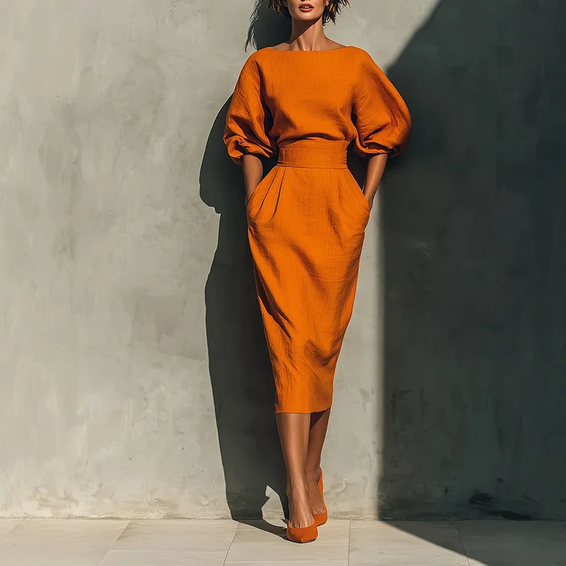 Beiläufiges dünnes langes Kleid für Damen, 2025, Herbst-Winter-Mode, einfarbig, halbe Ärmel, Maxikleider, elegant