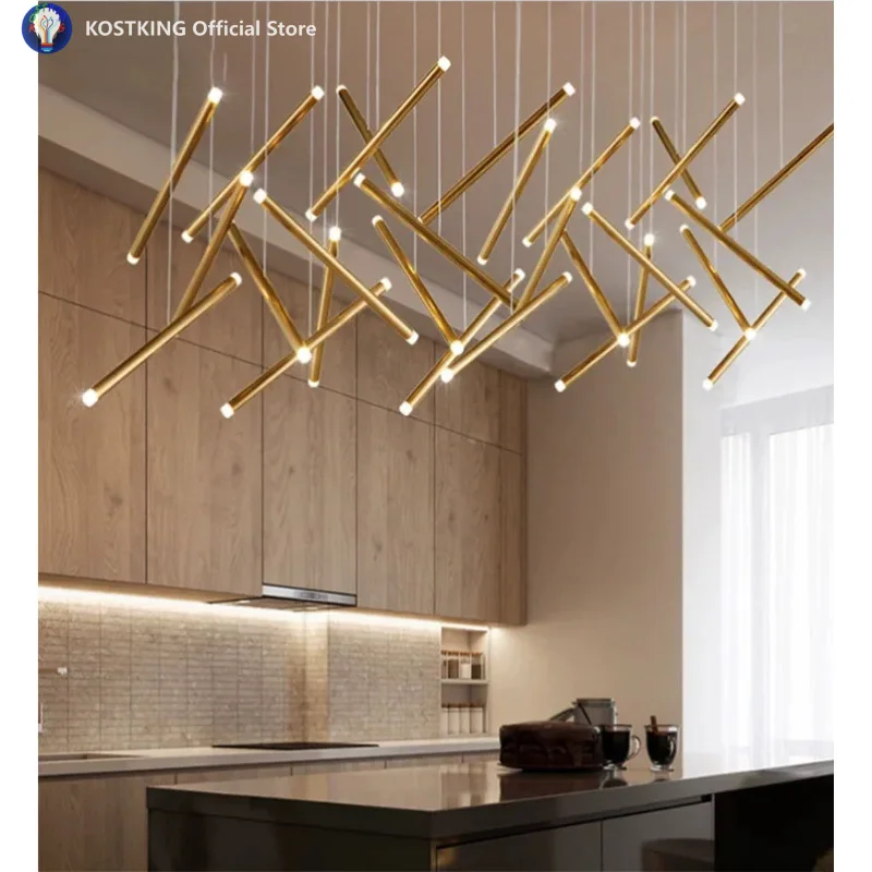 

Новая Золотая прямоугольная люстра для гостиной, светодиодная круглая трубка, роскошная вилла-чердак, декоративное освещение