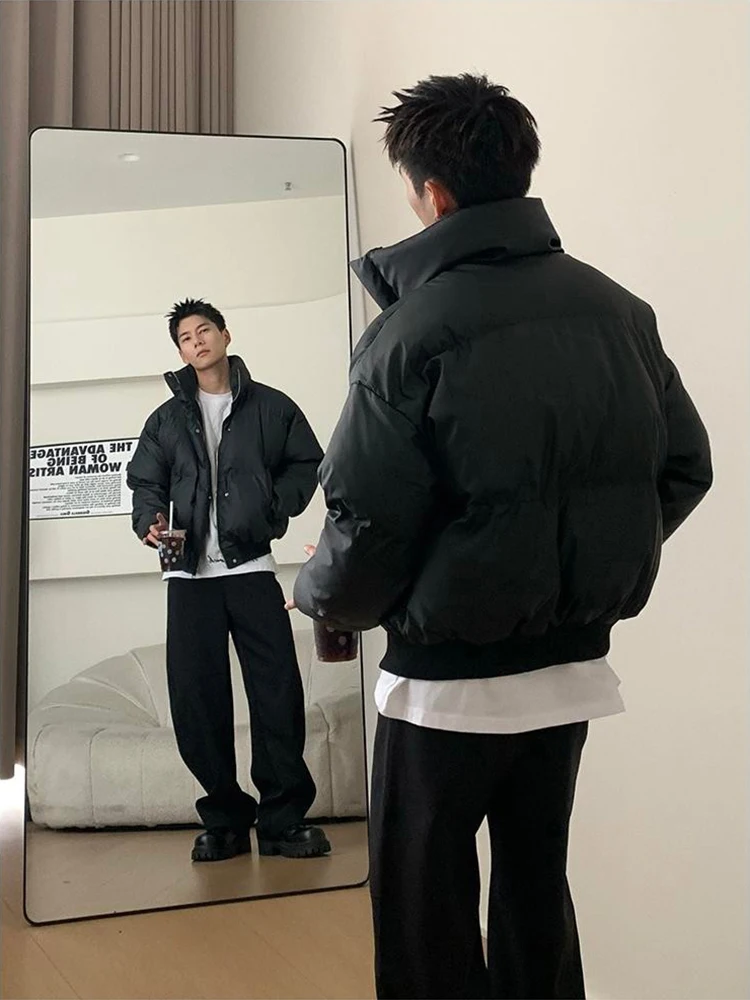 

Korean Sle ort Thiened Bla down Cotton Jaet Men's Winter Sli Leather Outerwear Stand Collar Couple's Breadth Coat