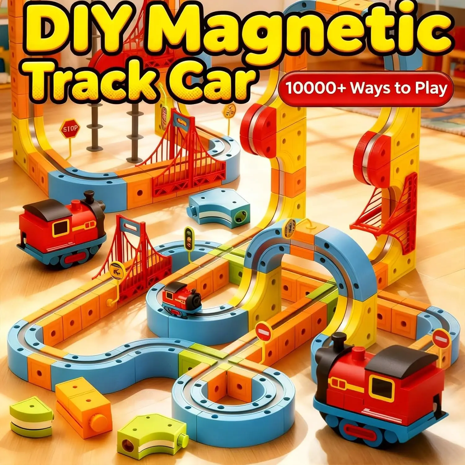 88 Uds. Juego de juguetes de pista magnética para coche, juego de bloques de construcción de pista de cubo DIY, cubo de riel eléctrico con señales de tráfico de tren, regalos de cumpleaños