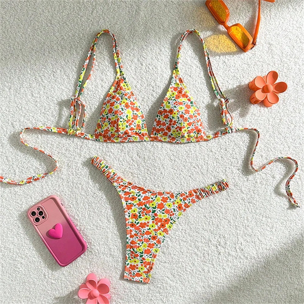 Costume da bagno sexy floreale a triangolo con stringhe Extreme Y2K Costume da bagno push up in pizzo senza schienale Abiti da vacanza Costume da bagno da spiaggia per donna