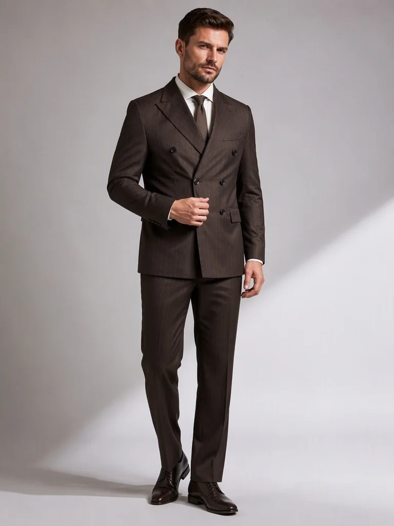 Men Brown Pinstripe Suit 2 Pieces Double‑Breasted Slim Fit Blazer With Pants Formal Wedding Groom Business Banquet Male Suit Set