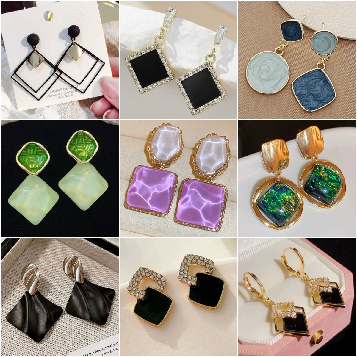 

Geometry Rhombus Dangle Earrings for Women Acrylic Enamel Oil Rhinestones Metal Drop Earrings Personality Trendy Jewelry Gift