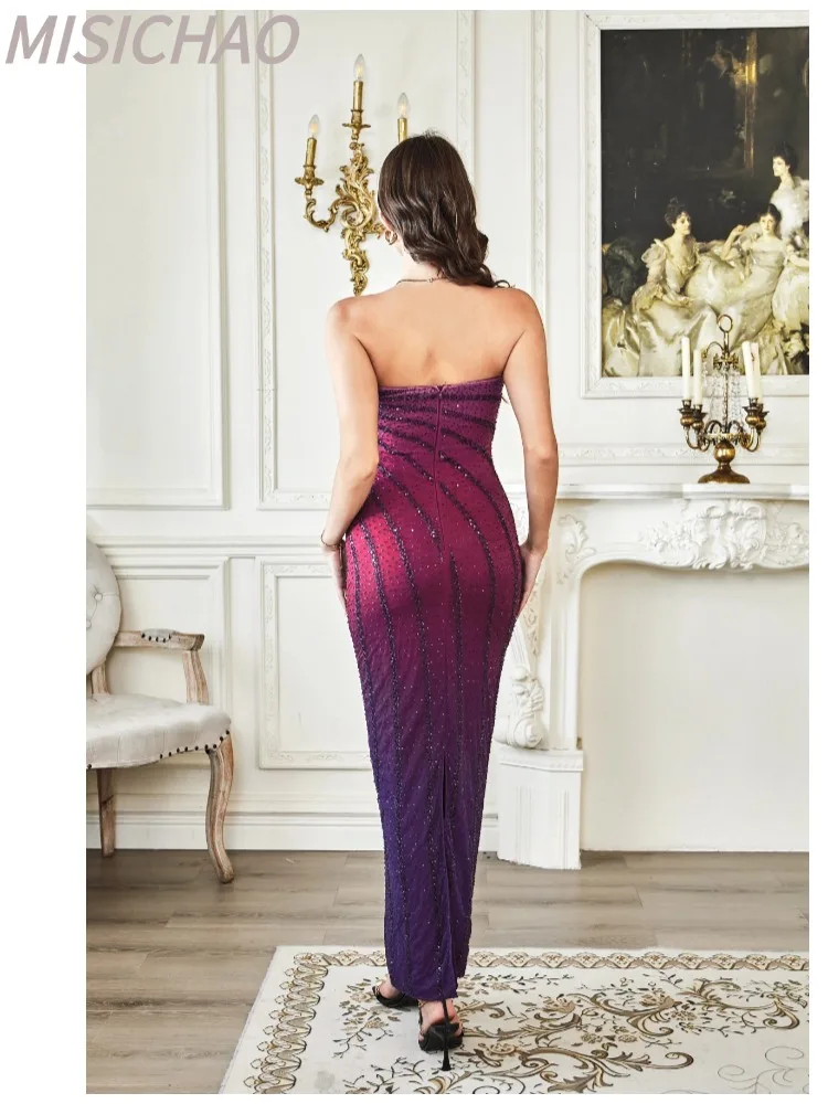 MISICHAO Women's Bandeau Deep Purple Stripe Sequin Slim Fit Mermaid Long Gown Side Slit Formal Evening Party Prom Dress