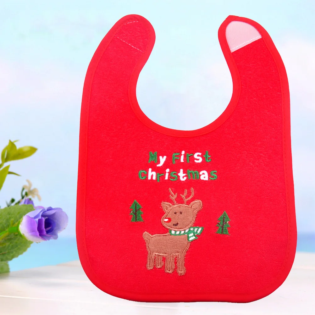 

Baby Fabric Waterproof Bib Red Christmas Deer Embroidered Adjustable Hook Loop Fastener Toddler Drool Protection Newborn Bib