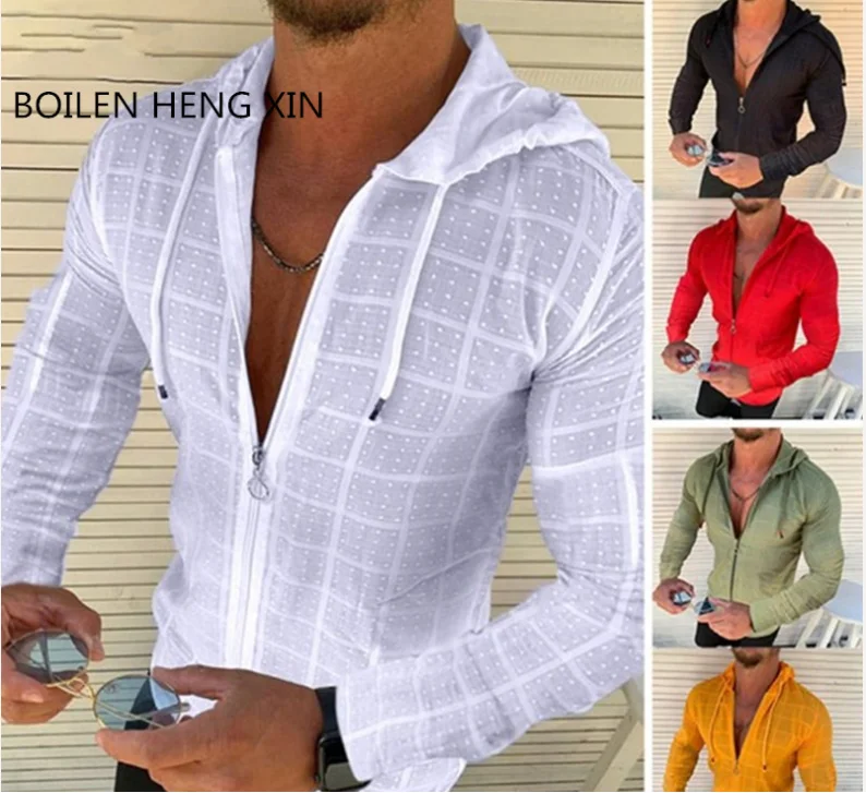 Summer Fashion Sleeveless/Long/Short Sleeved Hoodie Hawaii Zipper T shirt Casual Plaid Open Stitch Beach Sun Protection Clothing