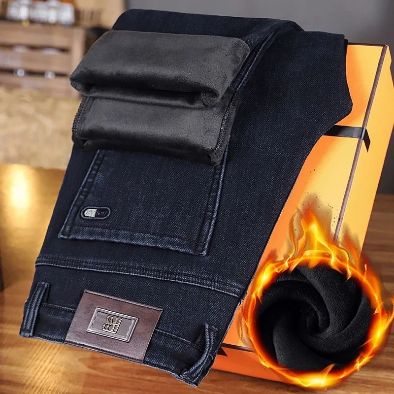 New Autumn and Winter Solid Color Fleece-Lined Thickened Warm Straight-Leg Jeans Men's Casual Loose Plus Size High-Quality Pants