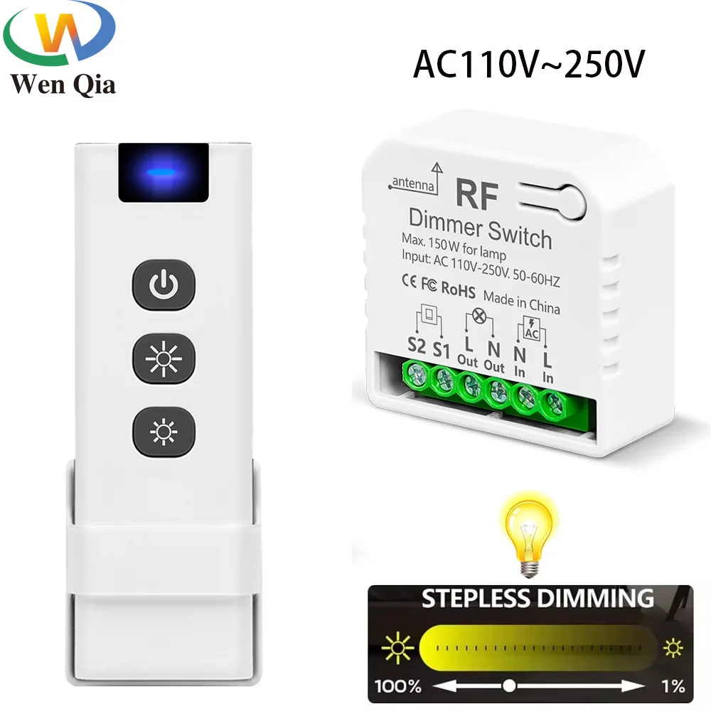 

Wireless Dimmer Light Switch with Remote Controls AC110V 220V Dimmable Switch 100M Control for LED and Halogen 10W-150W (No Wifi