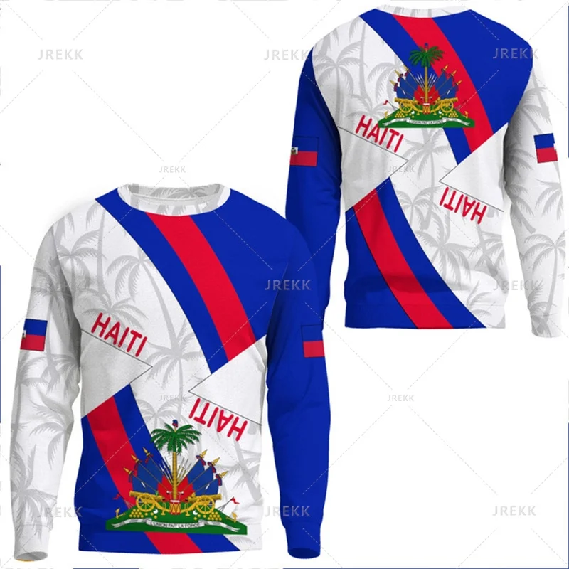 

Haiti Flag Pattern Sweatshirt Autumn Fashion Long Sleeve National Emblem 3D Printed Pullovers Trend Casual Loose Mens Clothing