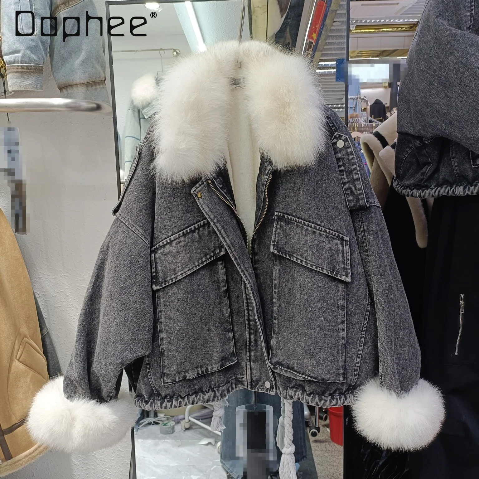 

Denim Parka Winter Fleece Lined Thickened Large Fur Collar Short Coat for Women Loose Fit Versatile High-End Feel Cotton Jacket