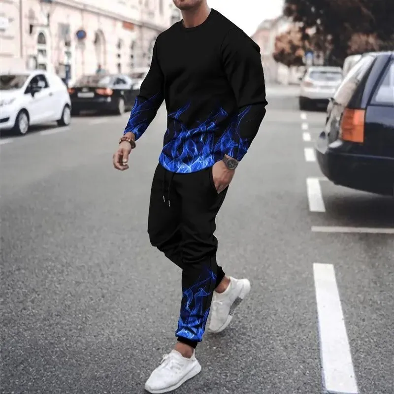 Men Long Sleeve Sets Color Flame 3D Print Men\'s Sportswear Set Casual T Shirt Pants 2-Piece Set Oversized Pullover Men Clothing