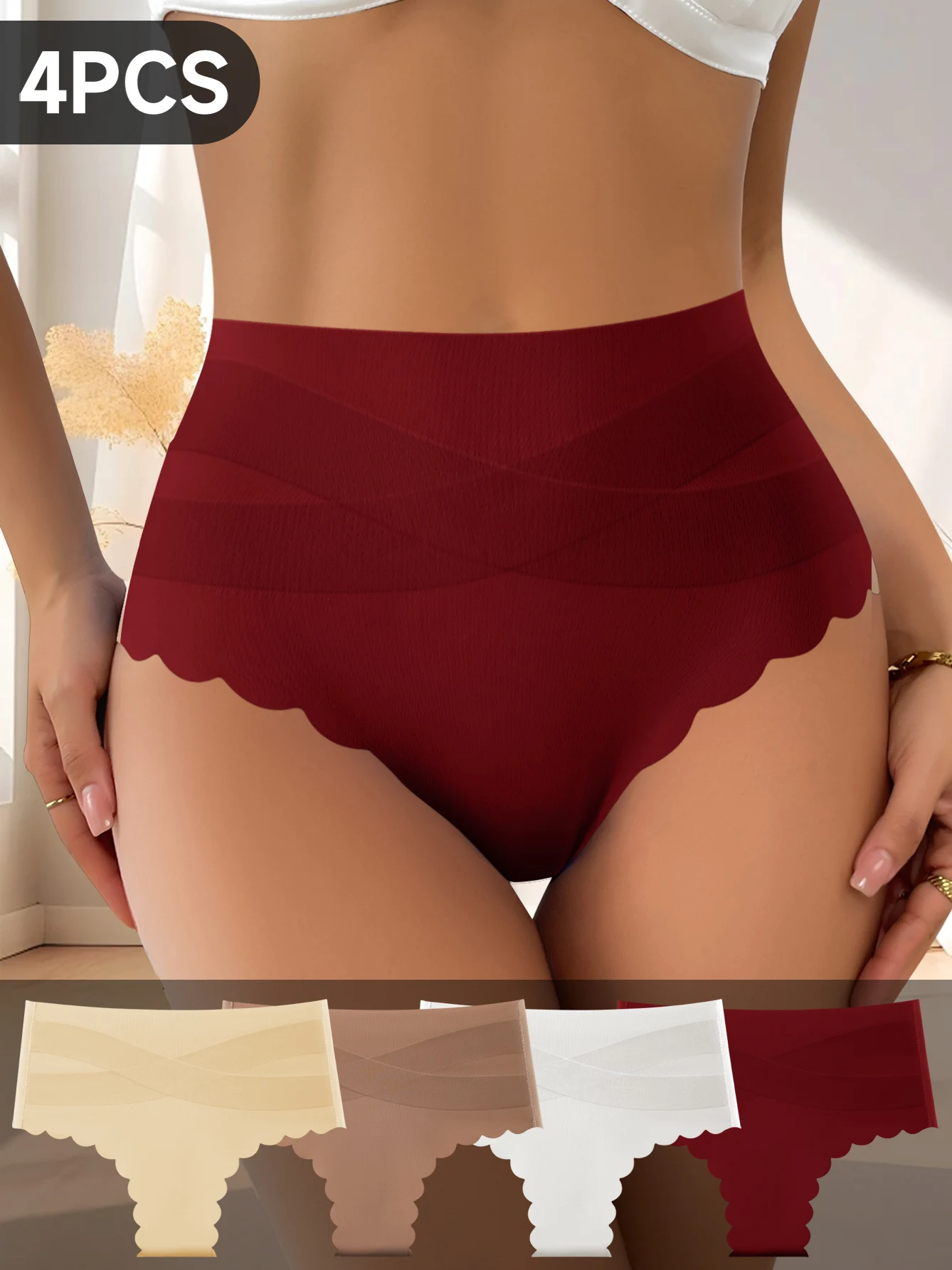 

Женские трусы с высокой талией, 4 шт., с эффектом утягивания живота, разноцветные, с фестончатым краем, дышащие, эластичные, из мягкой ткани, гладкие, с эффектом коррекции фигуры