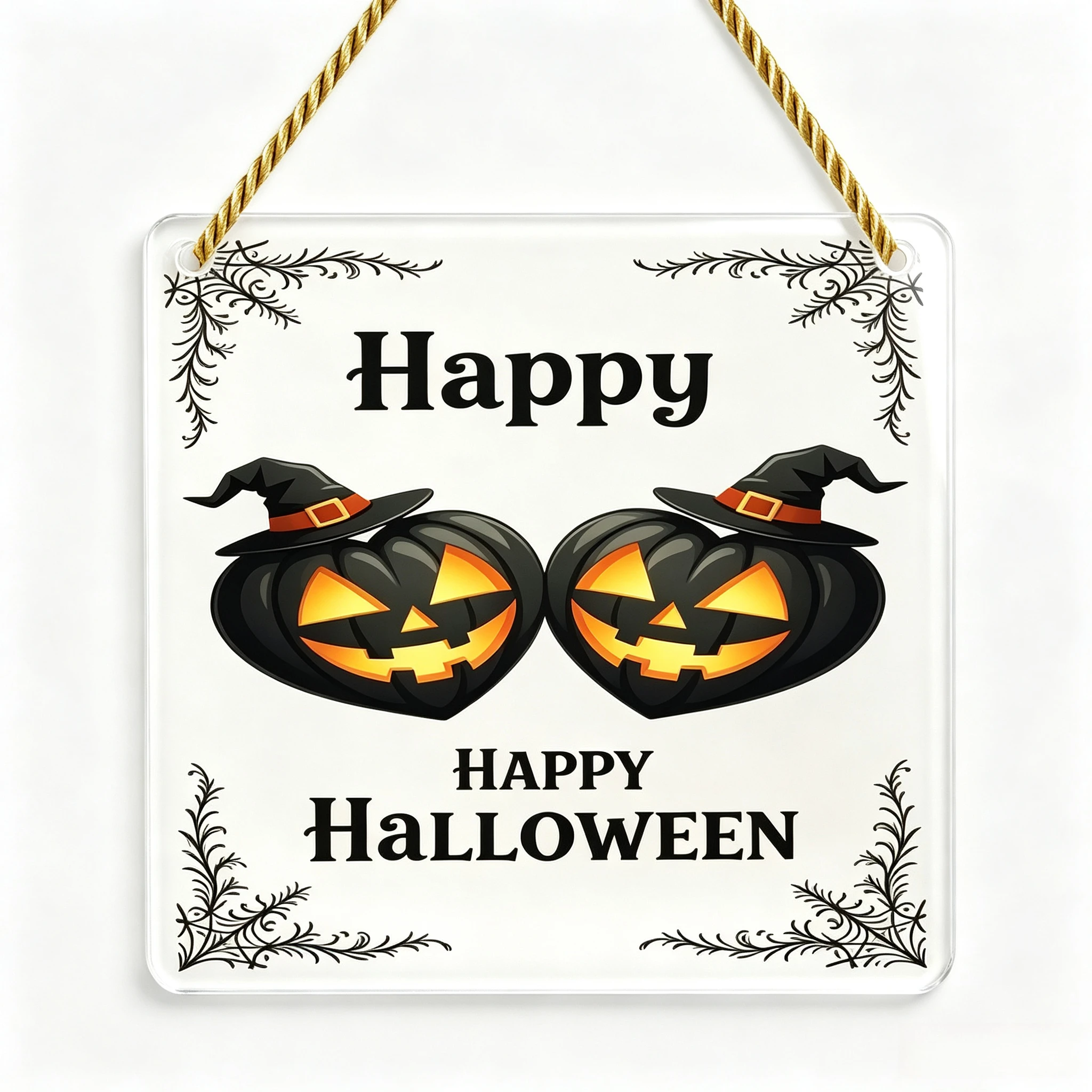 Dual Jack‑O‑Lantern Heart Wall‑Hanging Plaque, Vintage Floral Border Porch Halloween Ornament