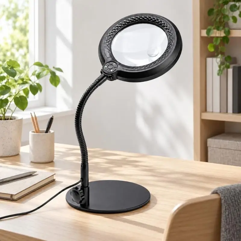 Desktop Lamp with Main and Detail Viewing Areas, Flexible Neck, and LED Light for Reading and Crafts