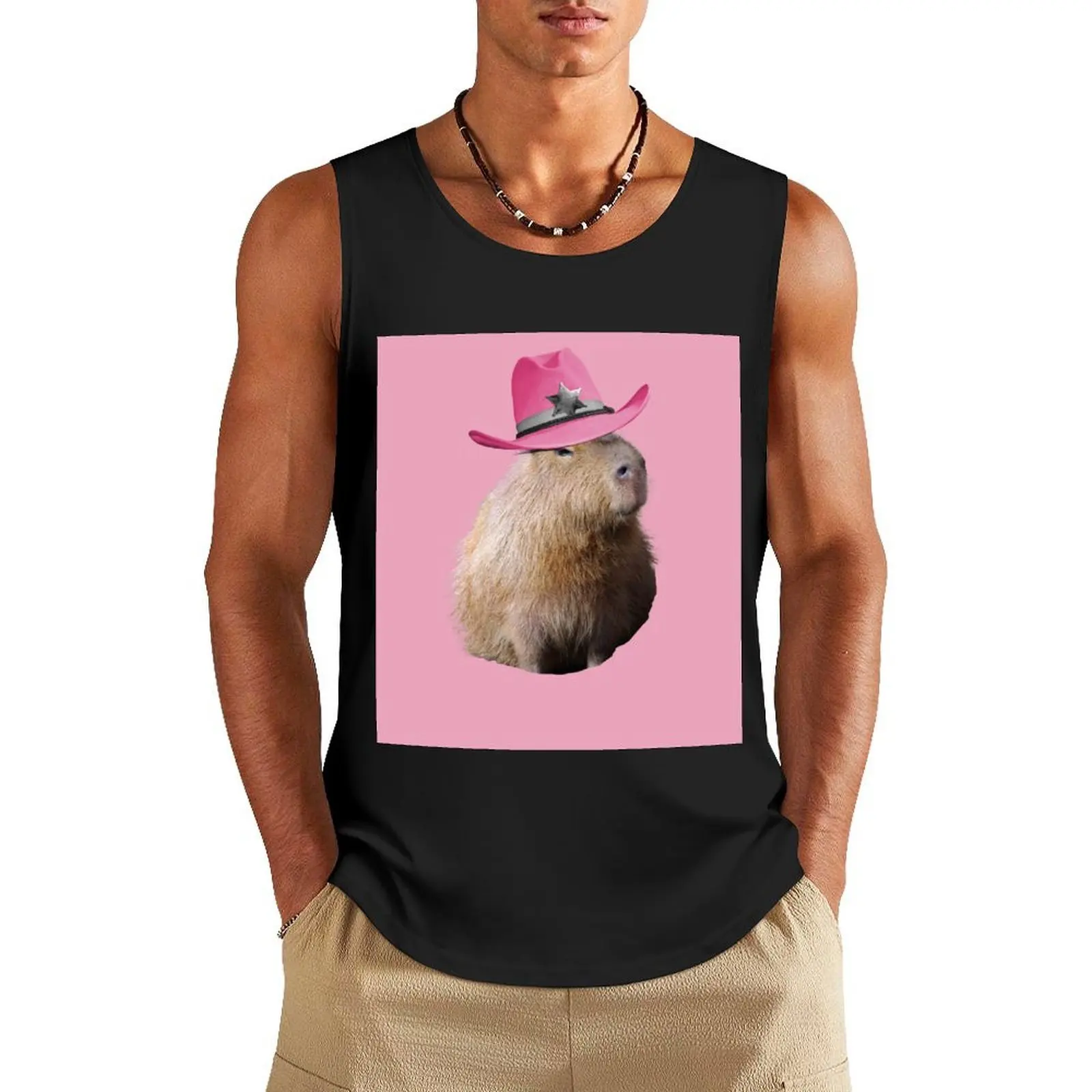

Capybara Wearing Pink Cowboy Hat Tank Top sleeveless Men's t-shirts Sleeveless top sports t-shirts for men