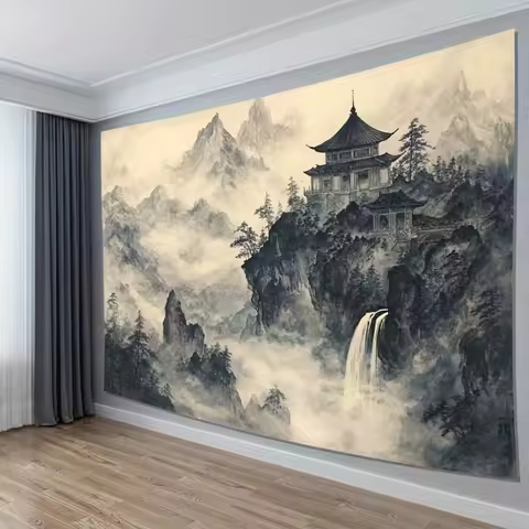 HD-Misty Mountain Peaks &amp; Tower Tapestry - Enchanted Landscape Wall Art for Living Room, Office, Party Decor, Unique Gift Idea